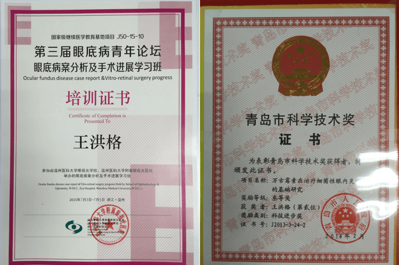 王洪格教授榮獲青島市科學(xué)技術(shù)獎(jiǎng)+眼底病青年論壇培訓(xùn)證書(shū)